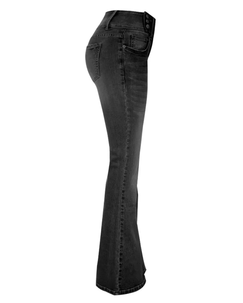 Vintage Button Side Design Mid Waist Flare Jeans