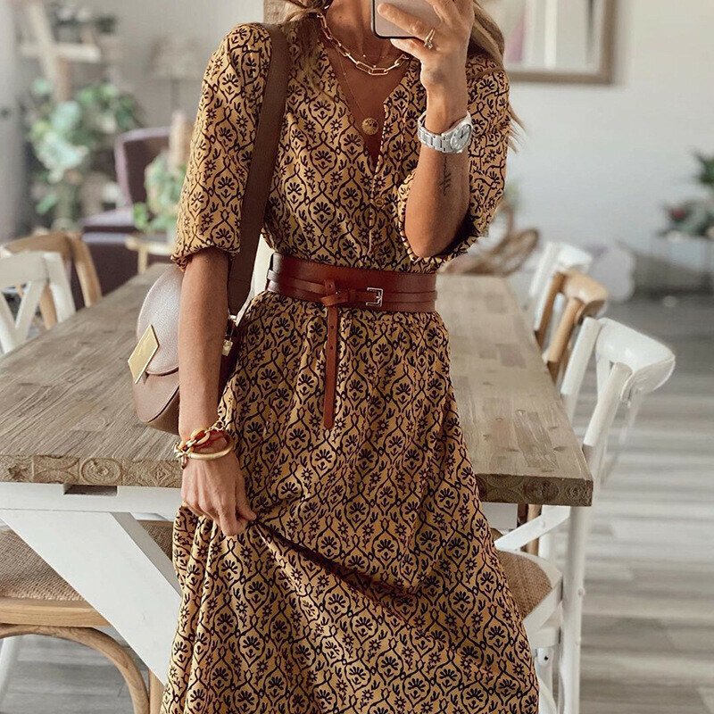 Printed Short Sleeve V-neck Dress