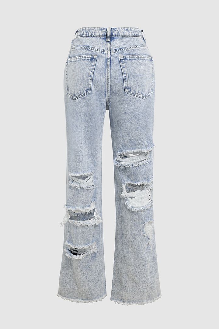 Distressed Frayed Split Hem Straight Leg Jeans