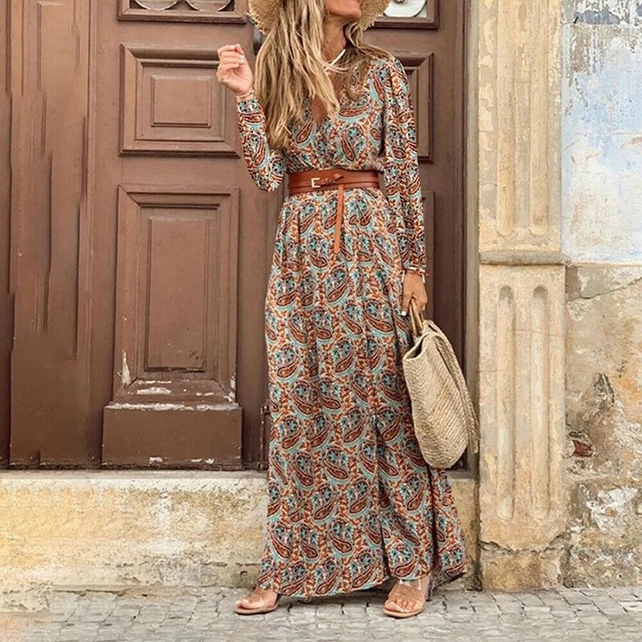 Autumn Winter Long Sleeve V-Neck Bohemian Floral Dress