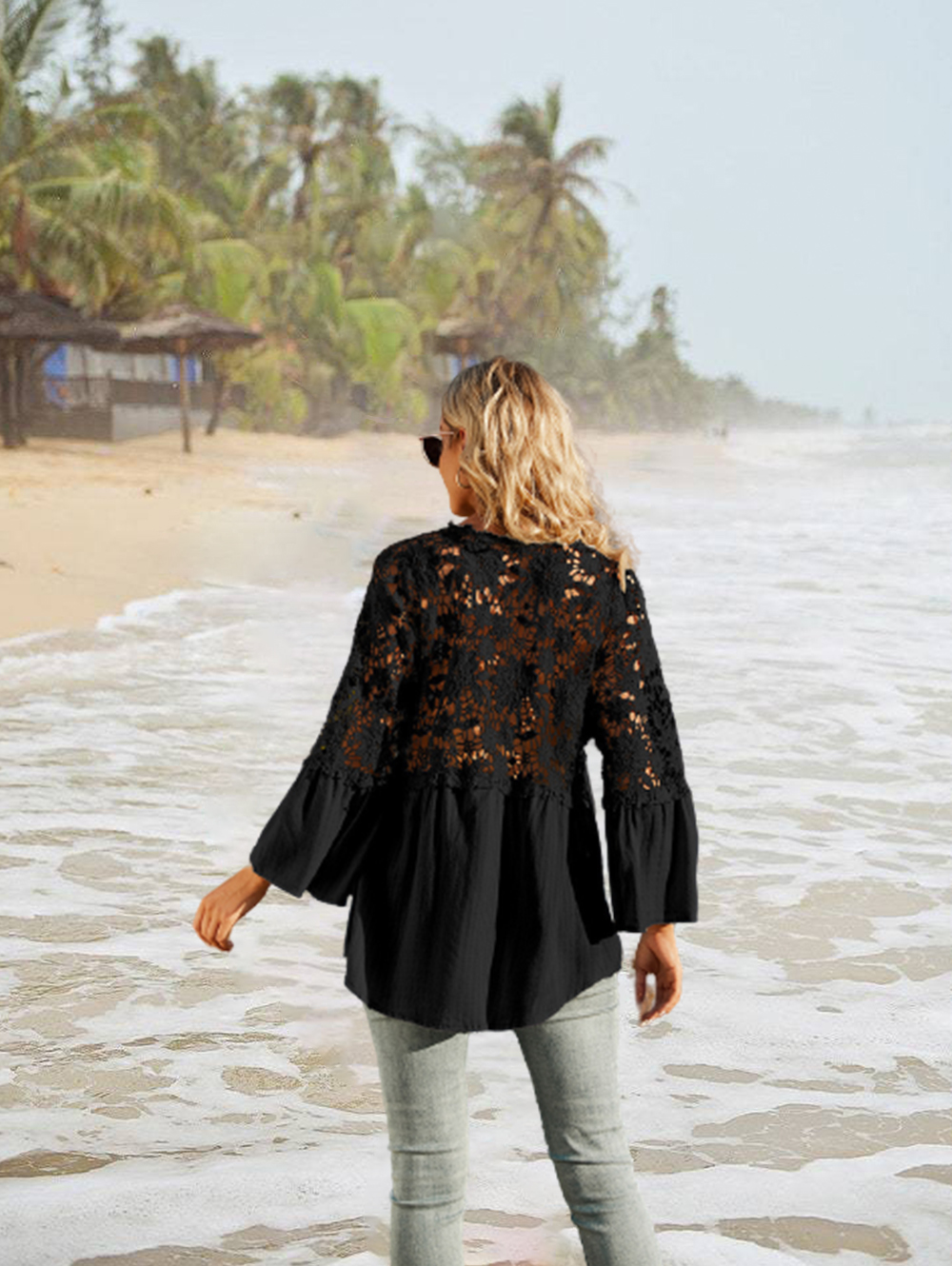 Womens Lace Crochet V Neck Long Sleeve Button Down Shirts Loose Blouses Tops