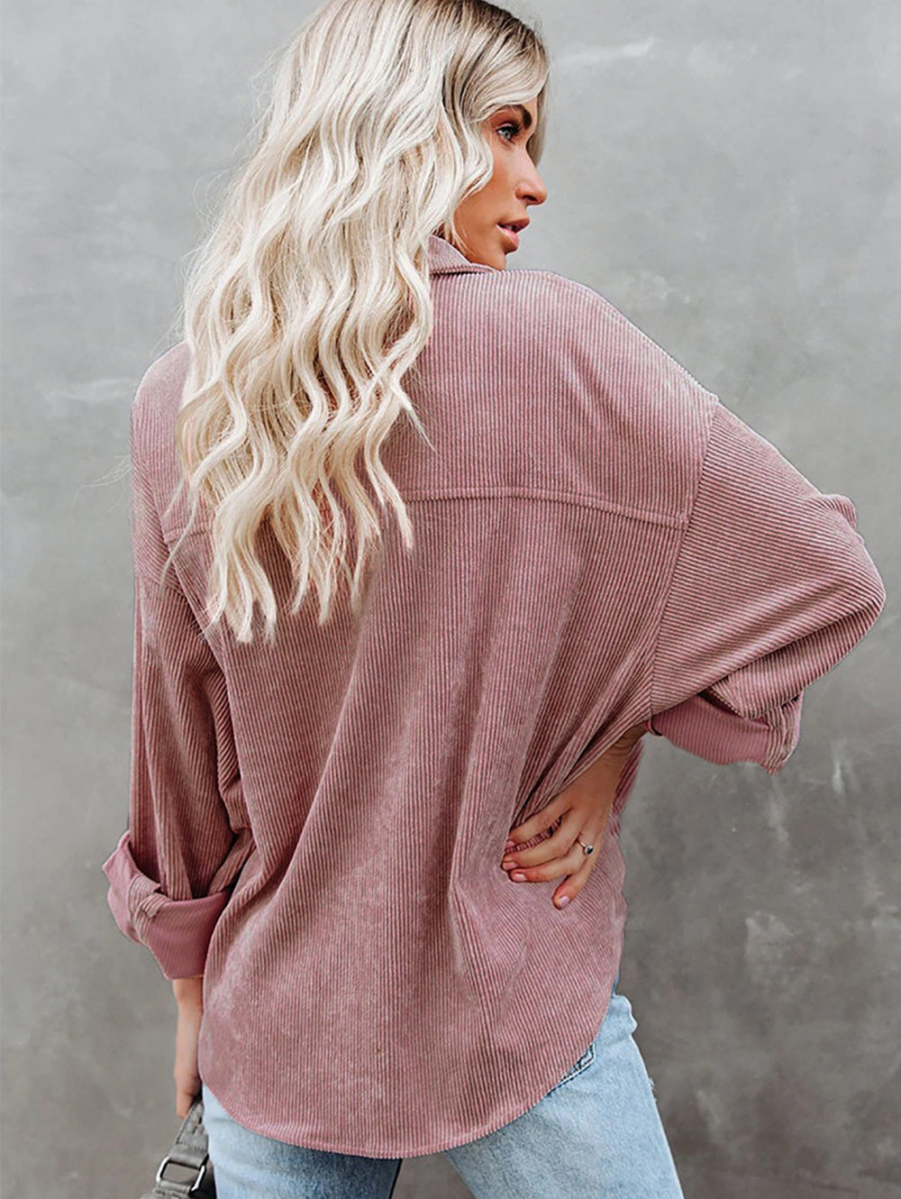 Ladies Corduroy Casual Loose Pocket Long Sleeve Shirt