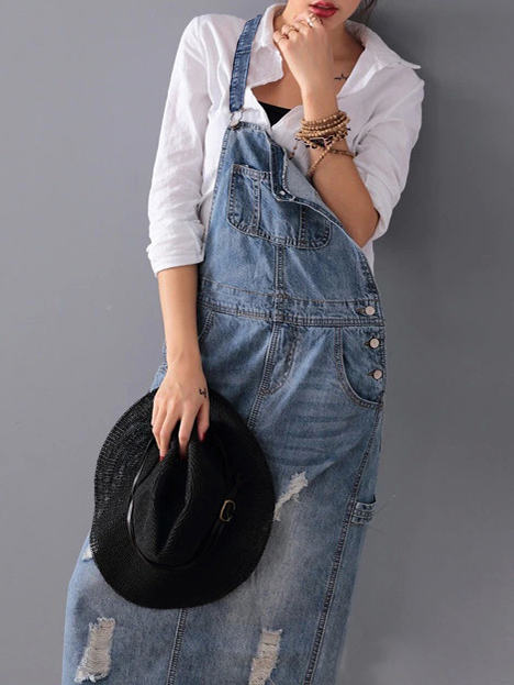 Midiross Ripped Denim Overall Dress