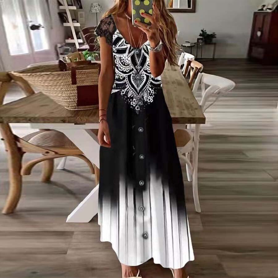 Women's Bohemian Floral Print Short-Sleeve V-Neck Dress
