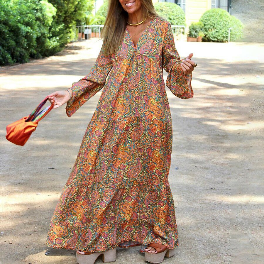 V-Neck Print Long Sleeve Dress