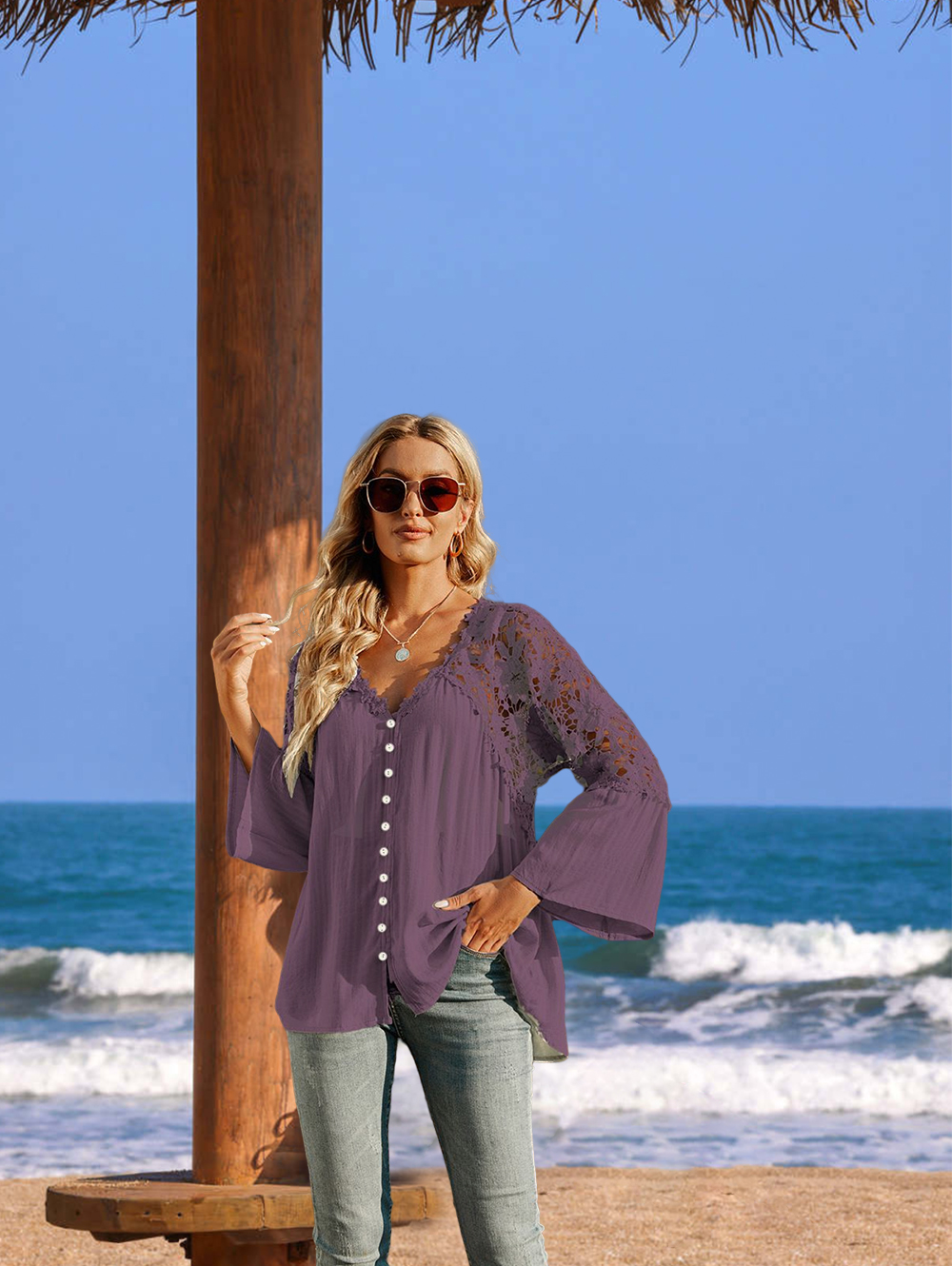 Womens Lace Crochet V Neck Long Sleeve Button Down Shirts Loose Blouses Tops