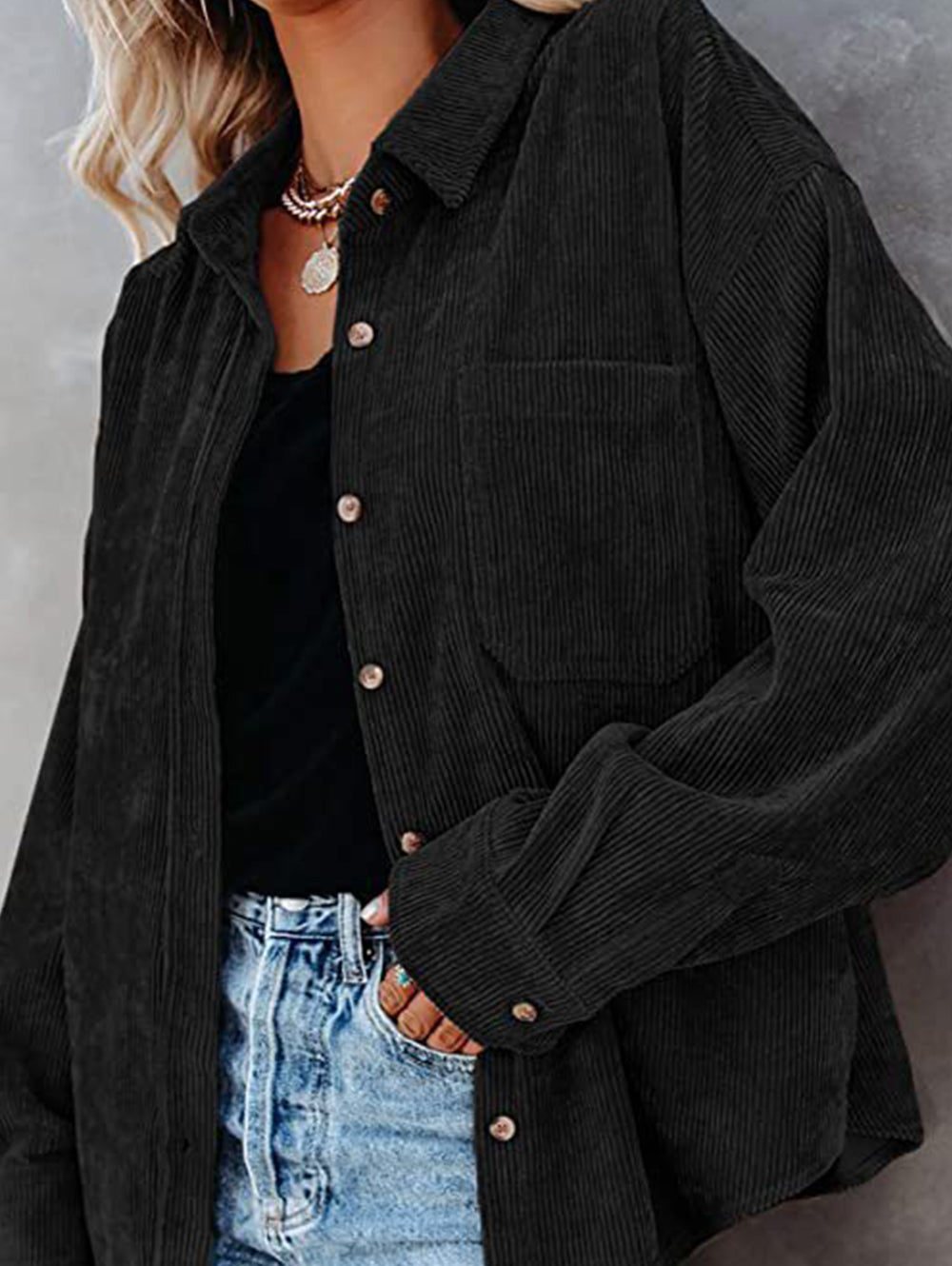 Ladies Corduroy Casual Loose Pocket Long Sleeve Shirt