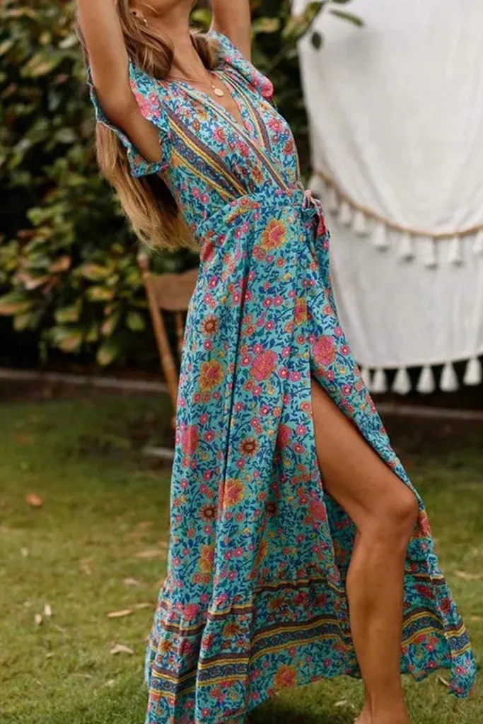 WOMEN'S BOHO V-NECK LONG MAXI DRESS