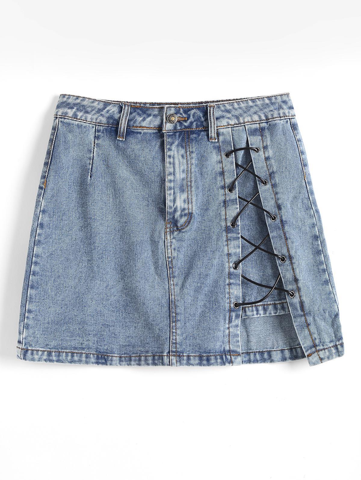 Notched Front Lace Up Denim Mini Skirt