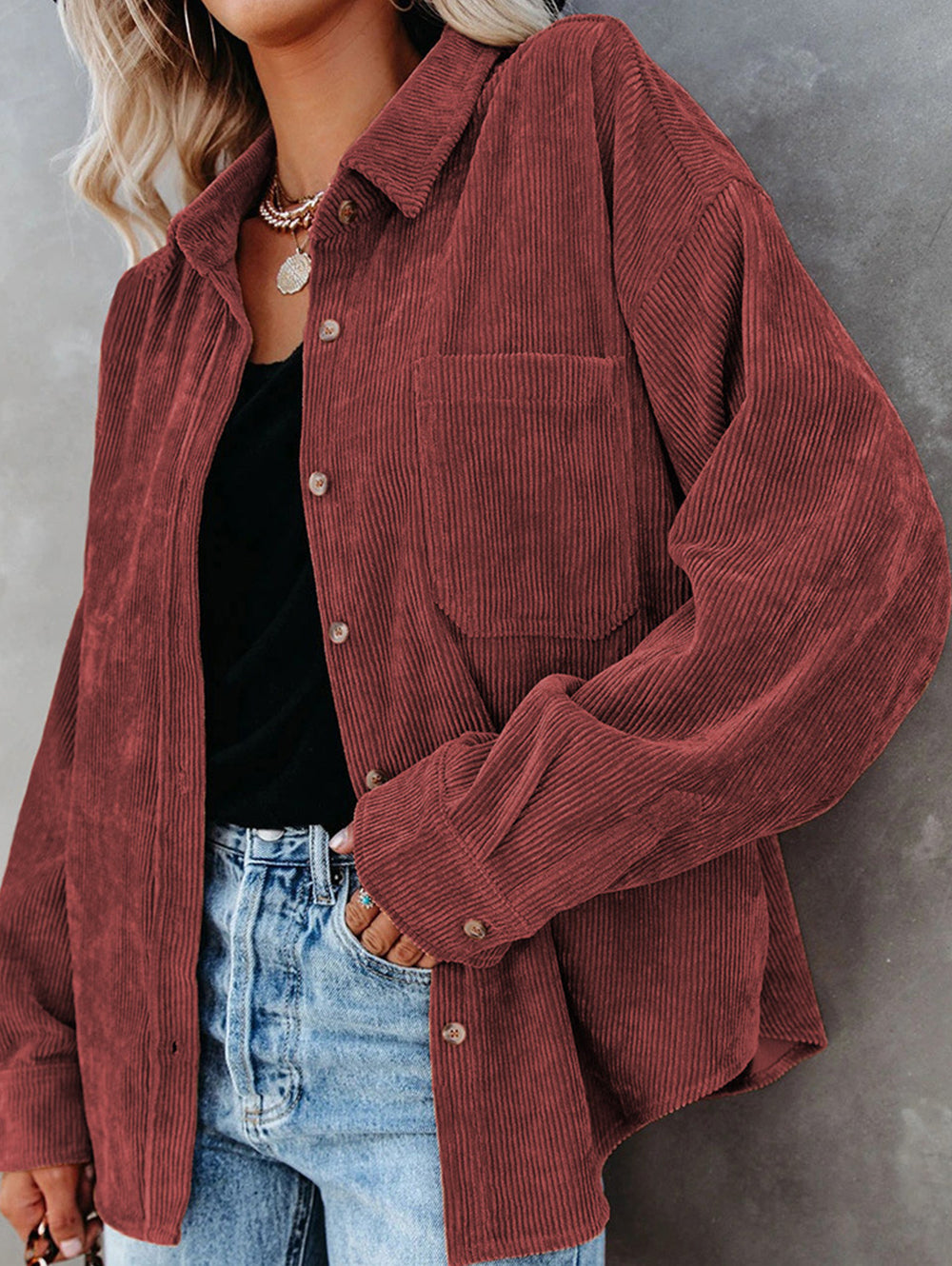 Ladies Corduroy Casual Loose Pocket Long Sleeve Shirt