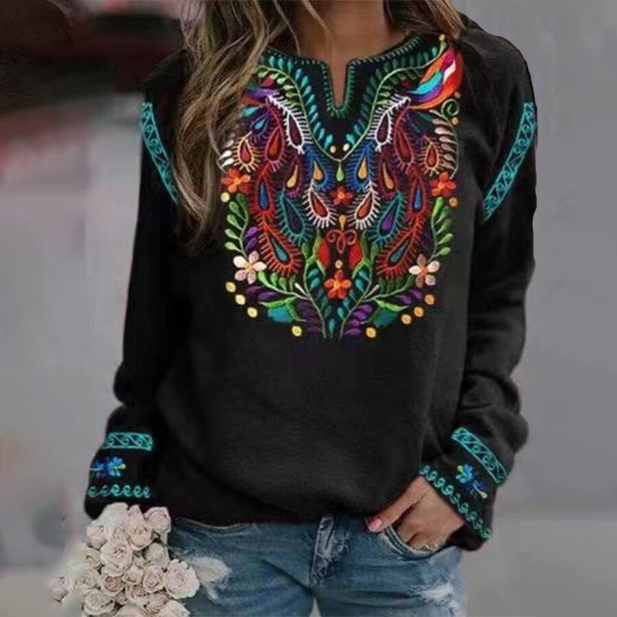 Ladies Retro Ethnic Western Printed Long Sleeve Sweatshirt