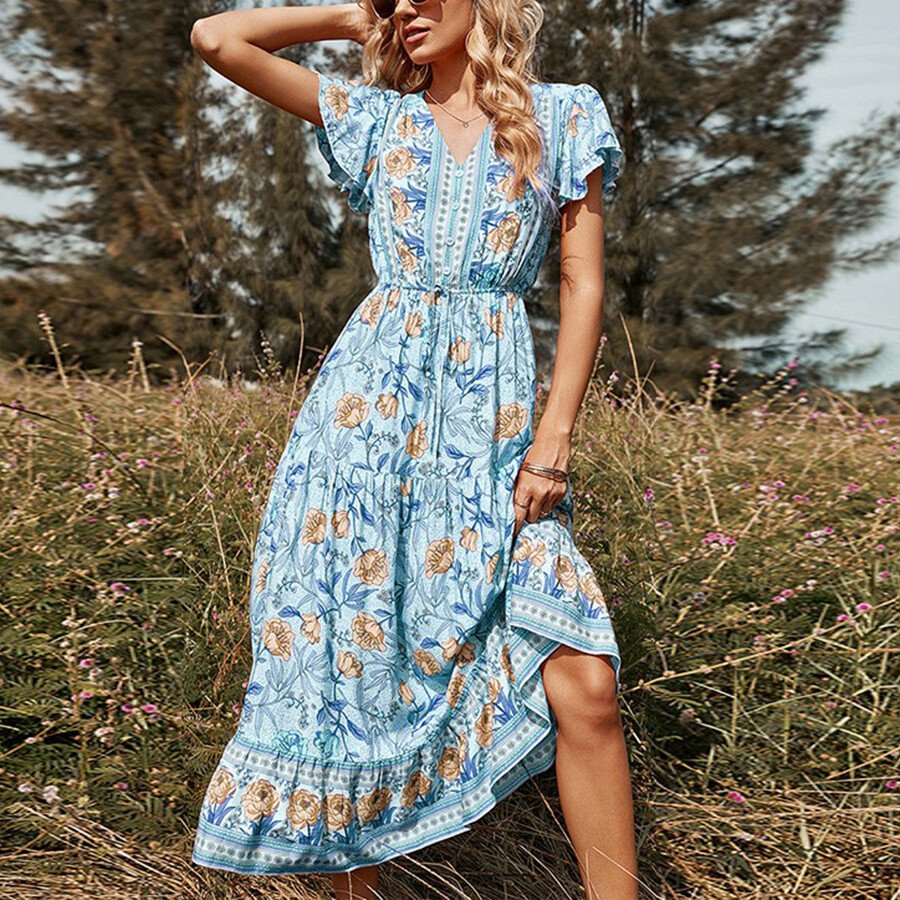 Crewneck Lace-Up Pink Print Midi Dress