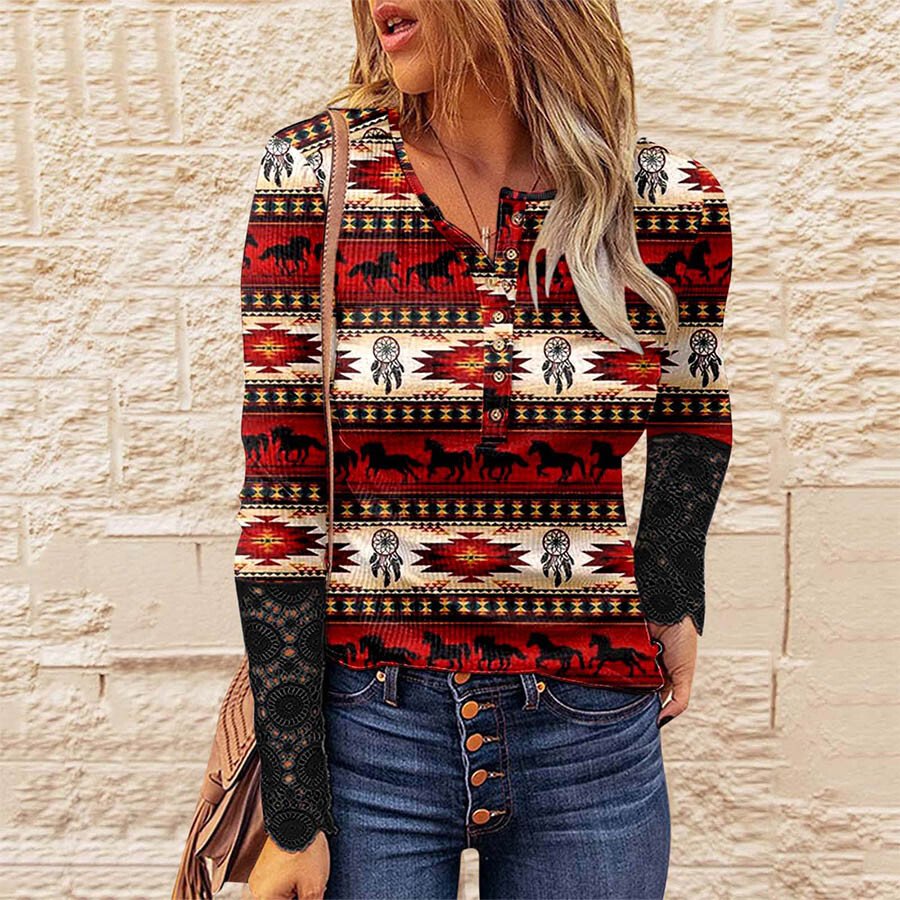 Ladies Retro Print Lace Long Sleeve Button Top