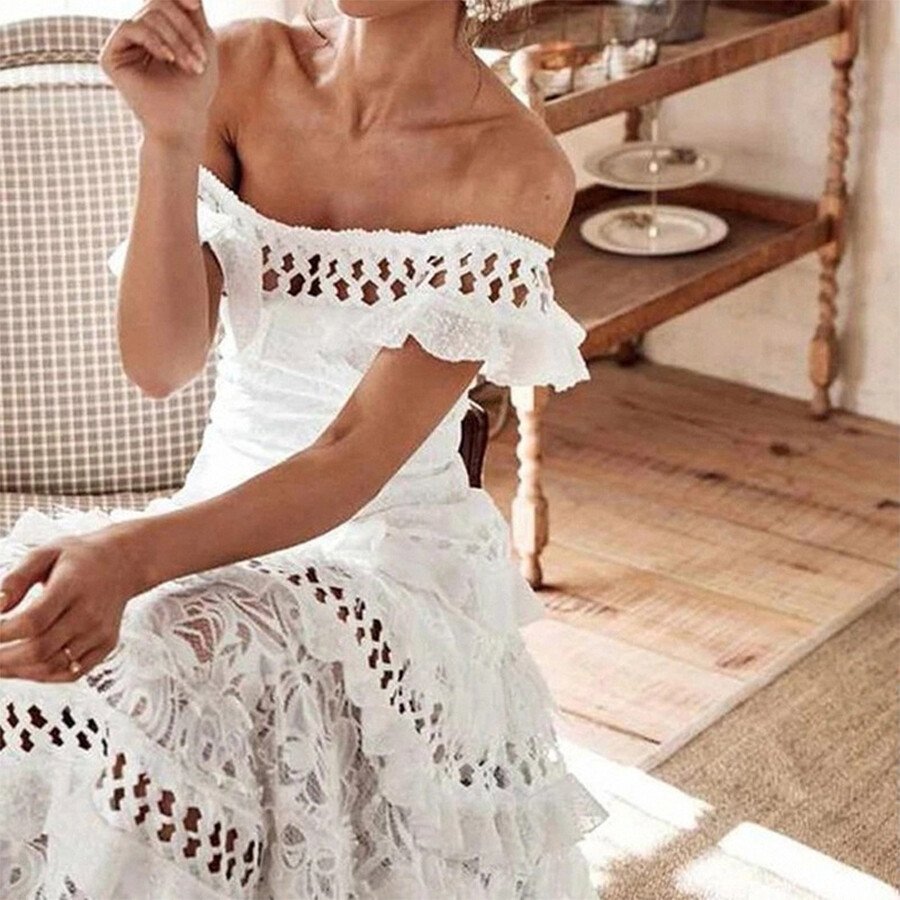 Off Shoulder Short Sleeve Bohemian Wedding Dress