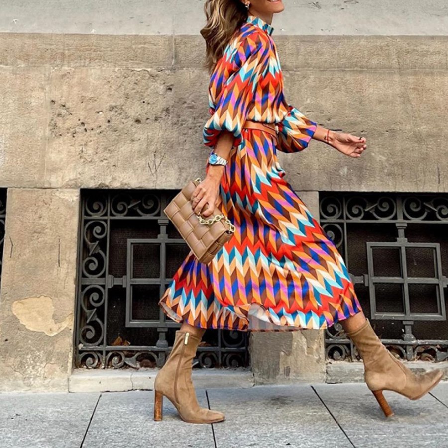 Ladies Geometric Print Casual Long Dress