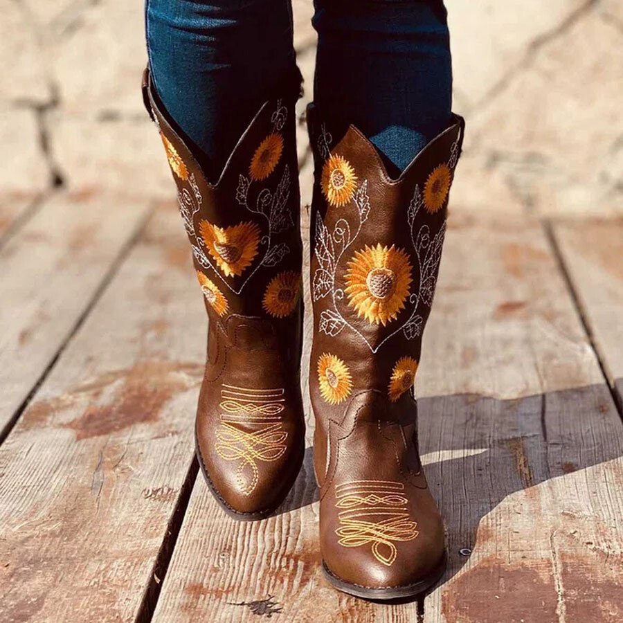 Sunflower Embroidery Western Cowboy Boots