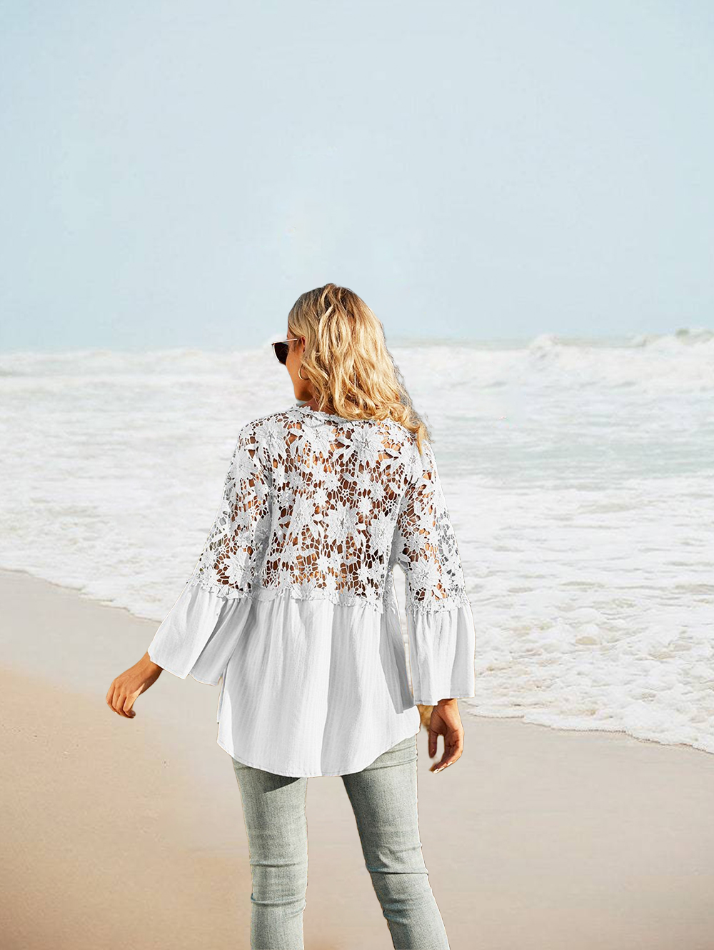 Womens Lace Crochet V Neck Long Sleeve Button Down Shirts Loose Blouses Tops