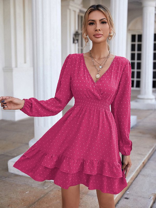 V-neck long sleeve ruffled trim A-line skirt commuter dress