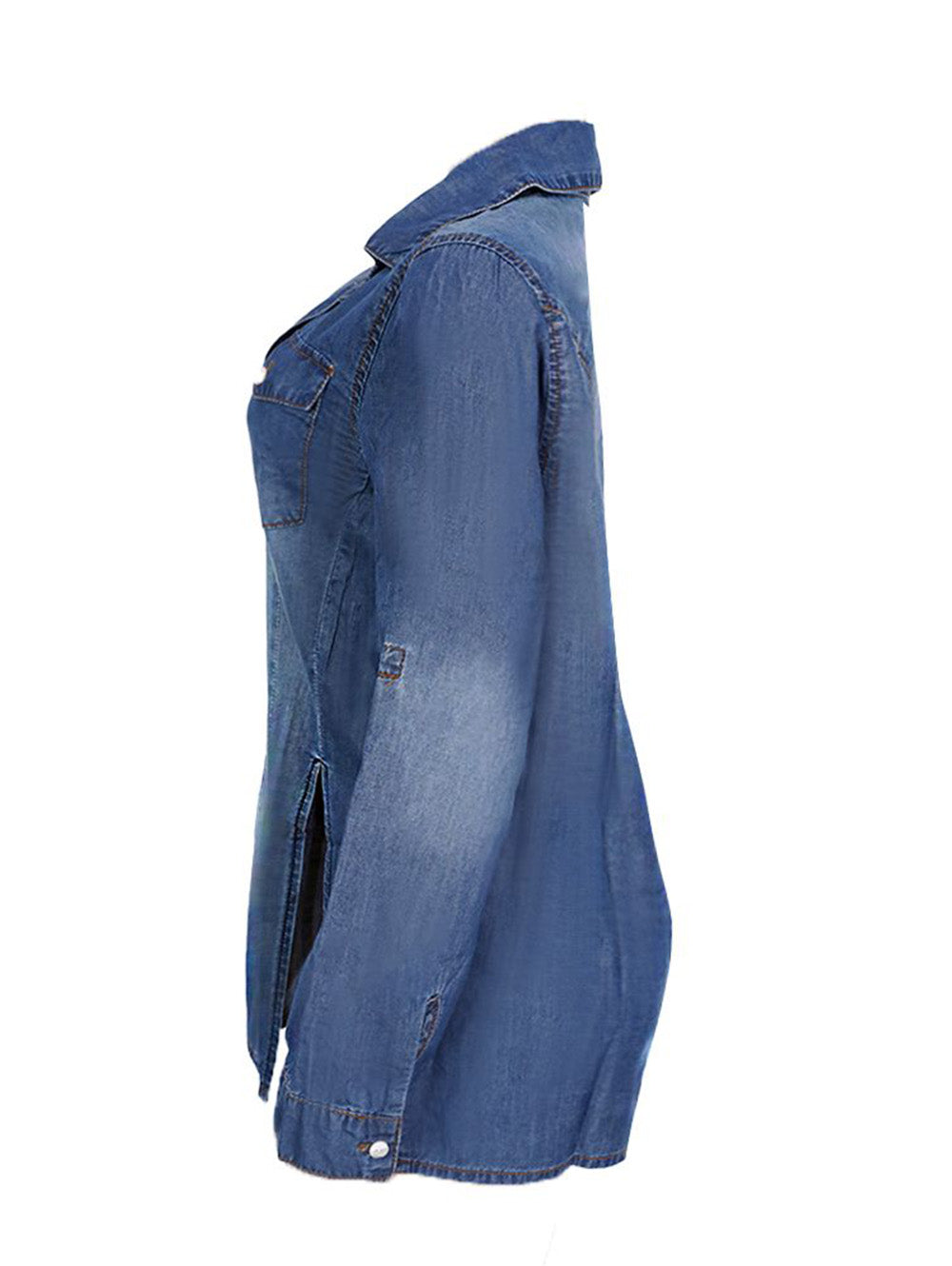 Button Up Roll Tab Sleeve Split Hem Denim Shirt