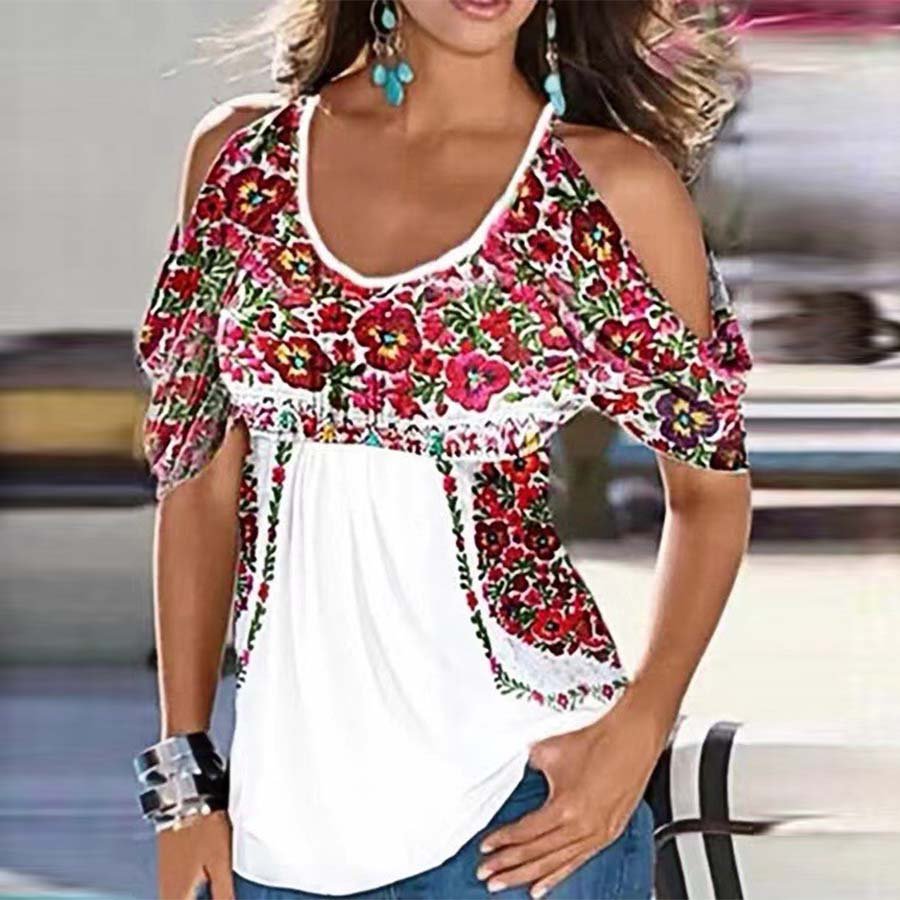 White Loose V-neck Pleated Print Off Shoulder Short Sleeve T-shirt