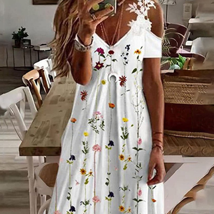 Ladies Lace V-Neck Off-Shoulder Print Dress