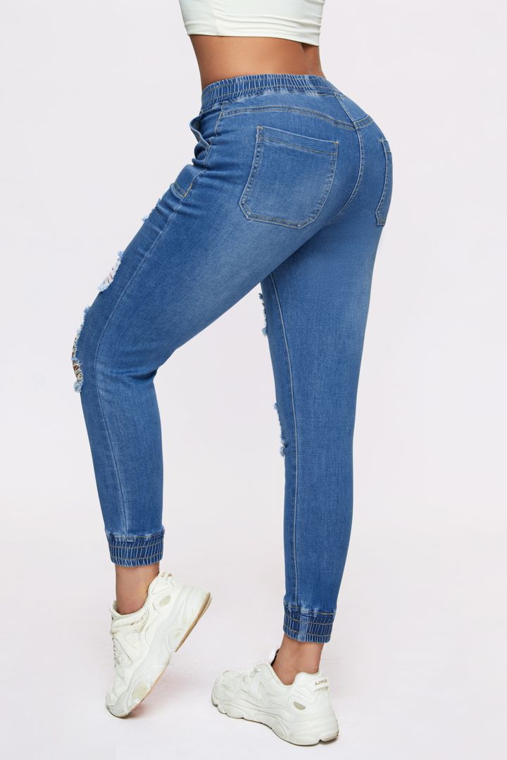 Midiross Ripped Drawstring Elastic Waist Pocket Detail Capris Jeans