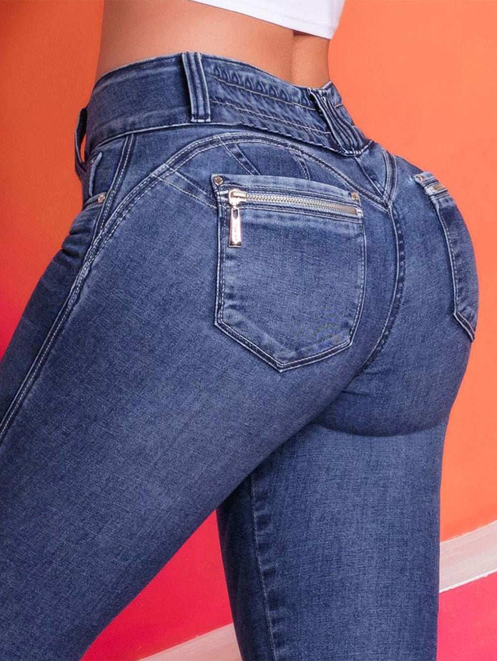 Elastic Waist Back Zip-Pocket Skinny Jeans