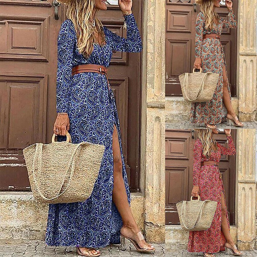 Autumn Winter Long Sleeve V-Neck Bohemian Floral Dress