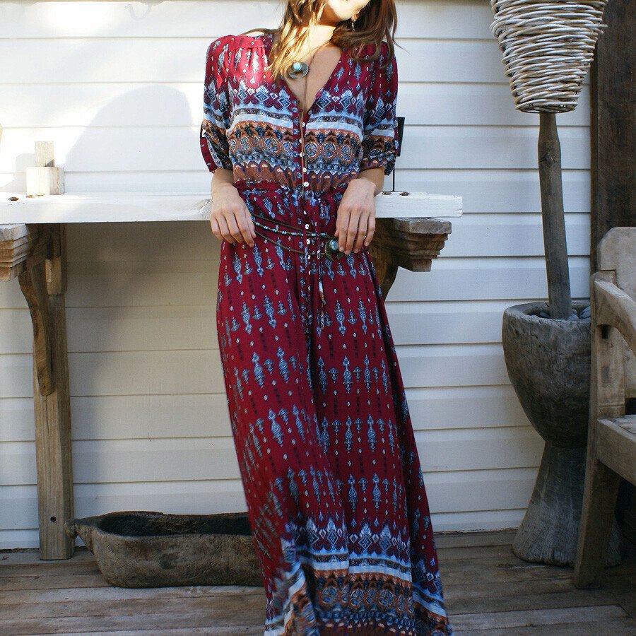 Vintage Bohemian Floral Printed Maxi Dress With Bottons For Women