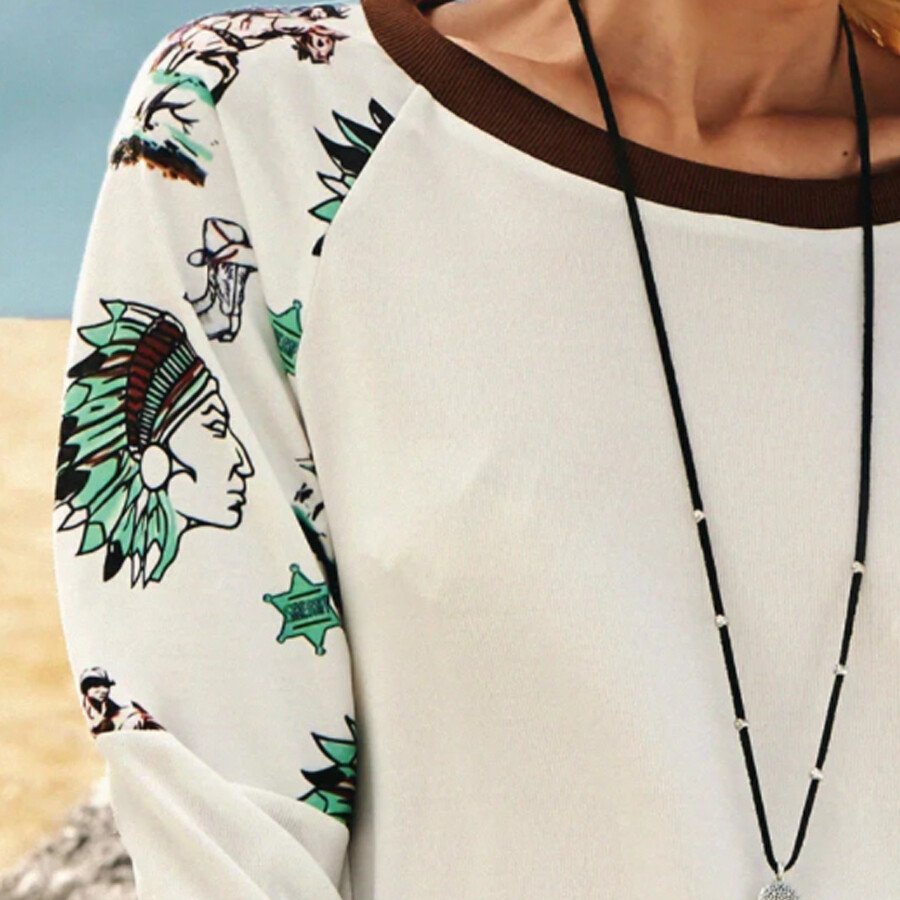Ladies Western Ethnic Print Patchwork Sweatshirt