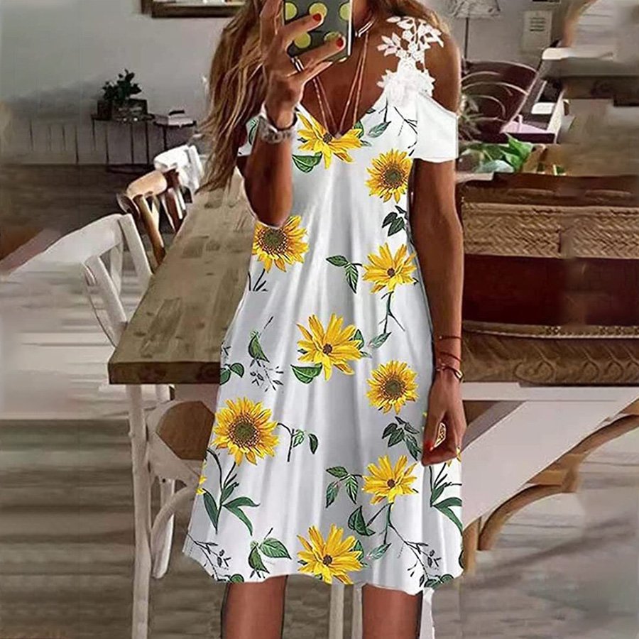 Ladies Lace V-Neck Off-Shoulder Print Dress