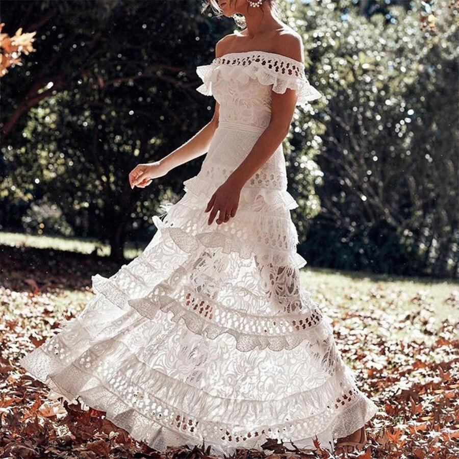 Off Shoulder Short Sleeve Bohemian Wedding Dress
