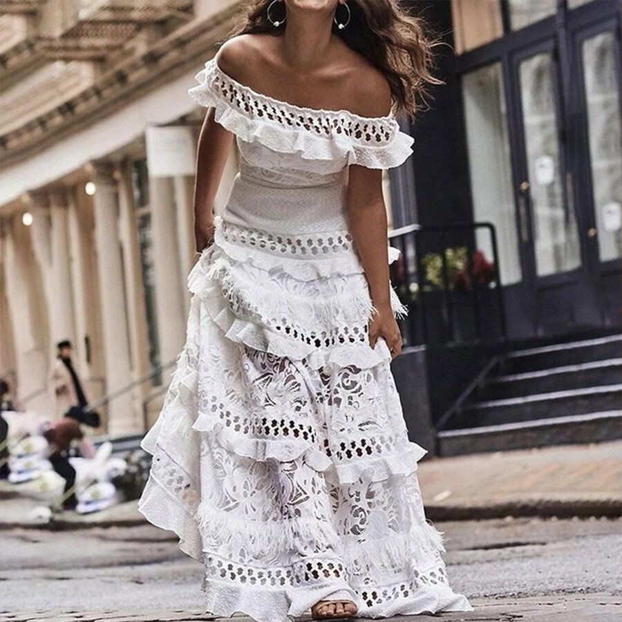 Off Shoulder Short Sleeve Bohemian Wedding Dress