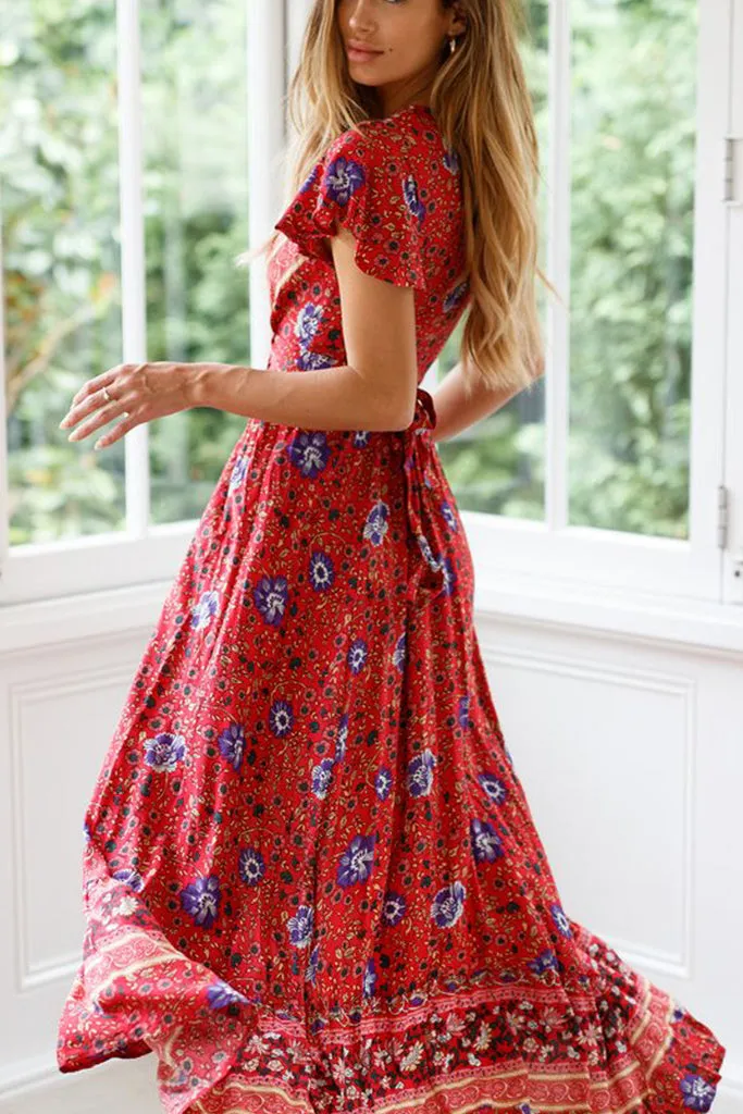 WOMEN'S BOHO V-NECK LONG MAXI DRESS