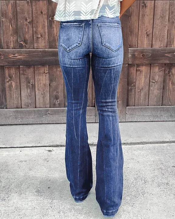 90S VINTAGE DISTRESSED ZIP FLY RAW HEM FLARE LEG JEANS