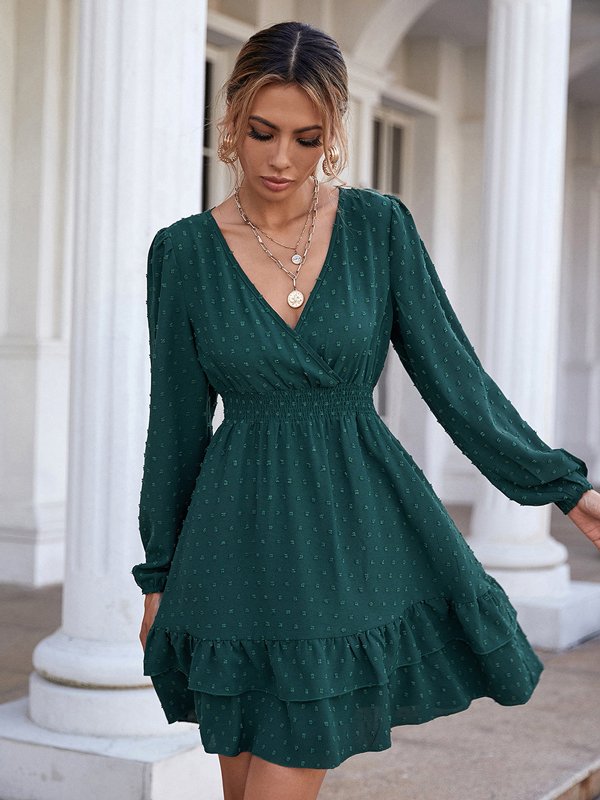 V-neck long sleeve ruffled trim A-line skirt commuter dress