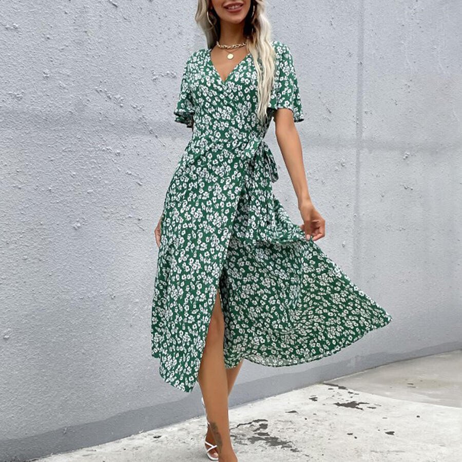 Ladies Fashion Lace Up Short Sleeve Printed V-Neck Dress