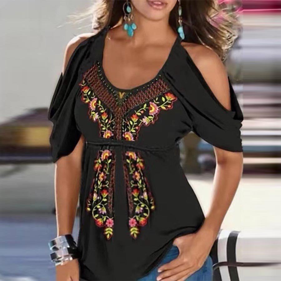 Loose V-neck Pleated Print Off Shoulder Short Sleeve T-shirt