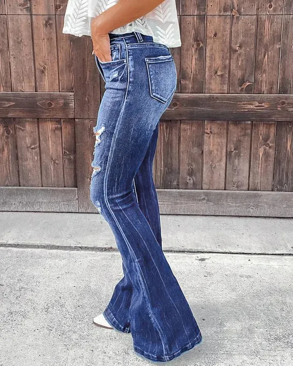 90S VINTAGE DISTRESSED ZIP FLY RAW HEM FLARE LEG JEANS