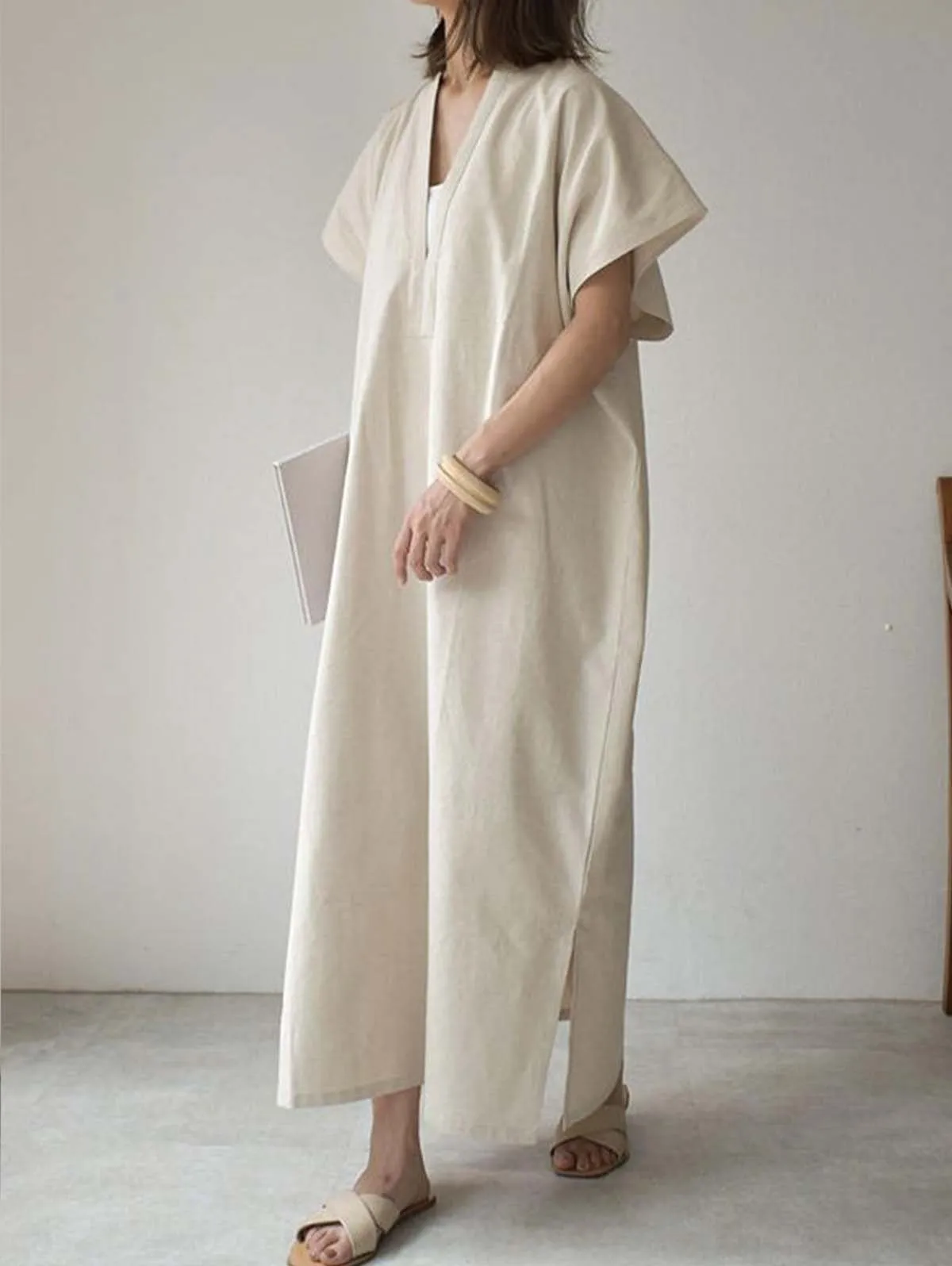 SIMPLE BLACK&BEIGE BATWING SLEEVE SPLIT-SIDE MAXI DRESS