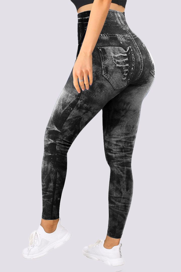 DENIM LOOK HIGH WAIST SPORTS LEGGINGS