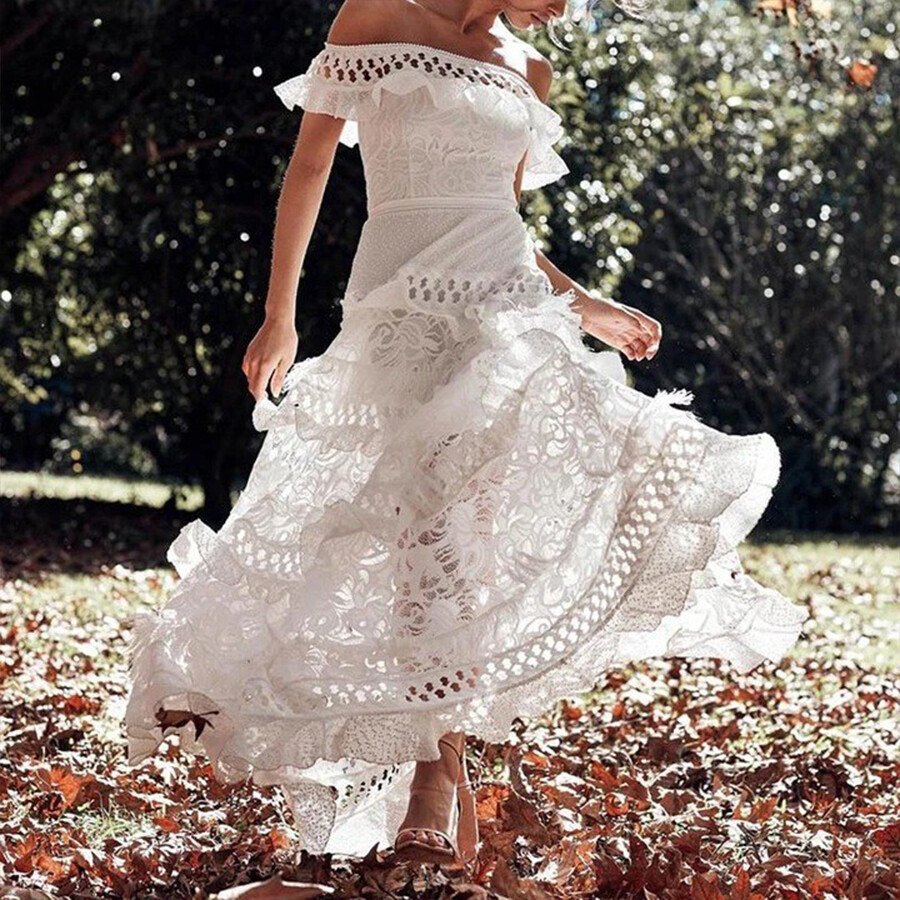 Off Shoulder Short Sleeve Bohemian Wedding Dress