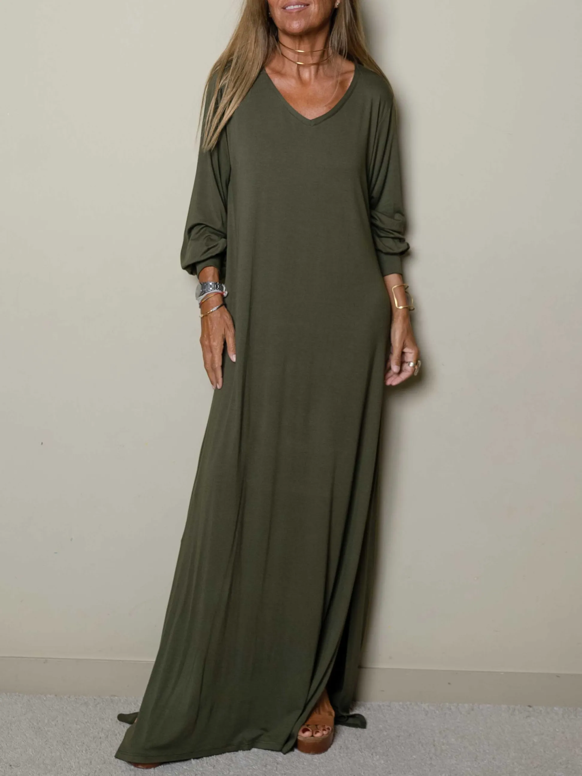 WOMEN CASUAL V-NECK MAXI DRESS