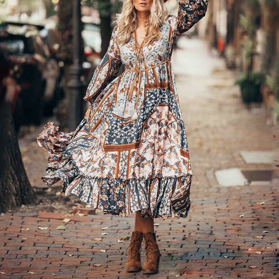 Bohemian Floral Printed Maxi Dress For Women
