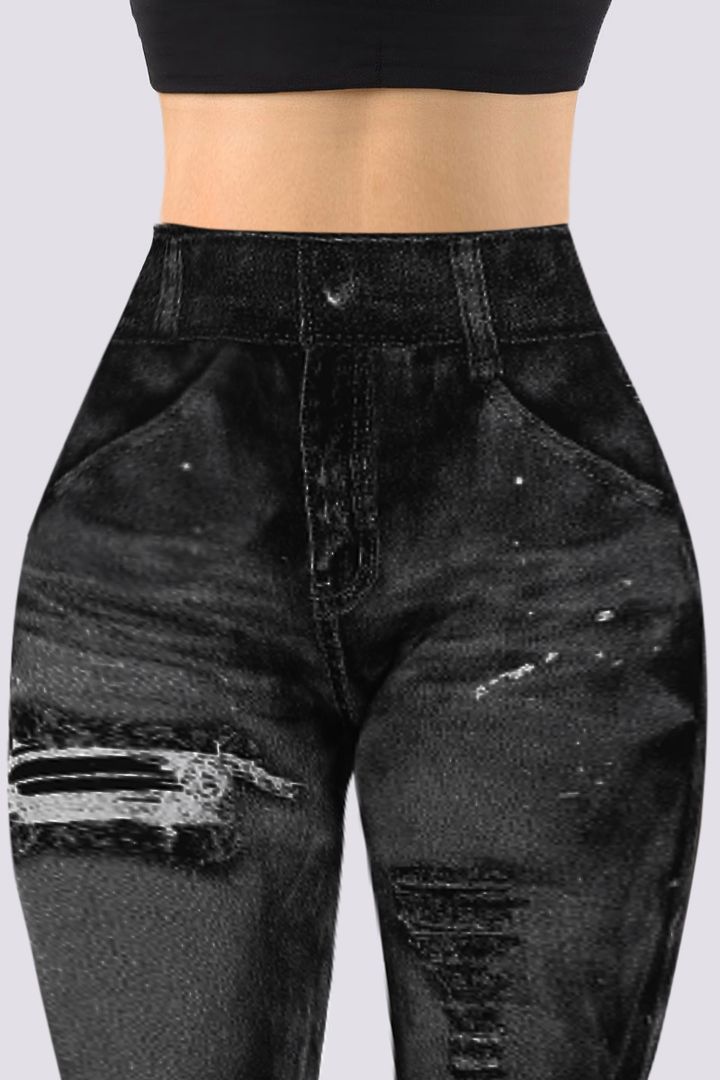 DENIM LOOK HIGH WAIST SPORTS LEGGINGS