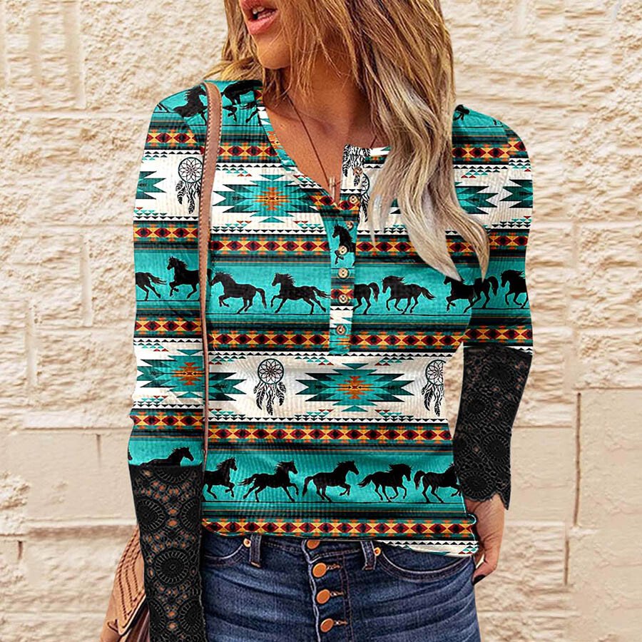 Ladies Retro Print Lace Long Sleeve Button Top