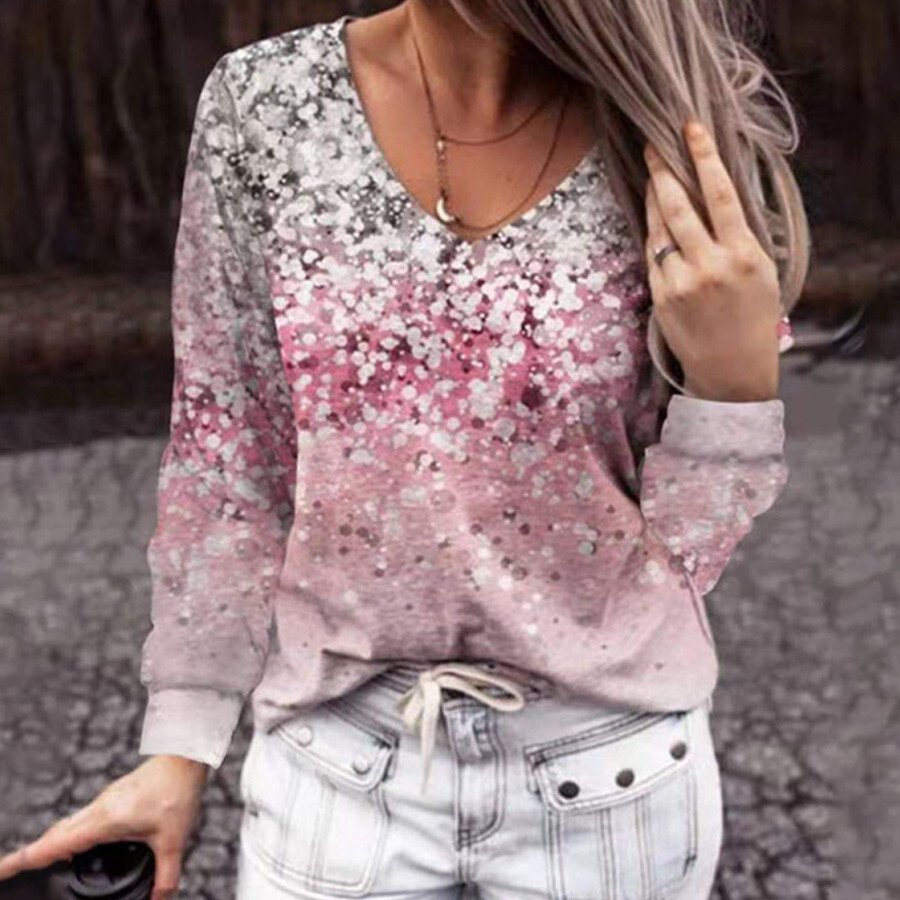 Ladies Retro V-Neck Printed Long Sleeve Top