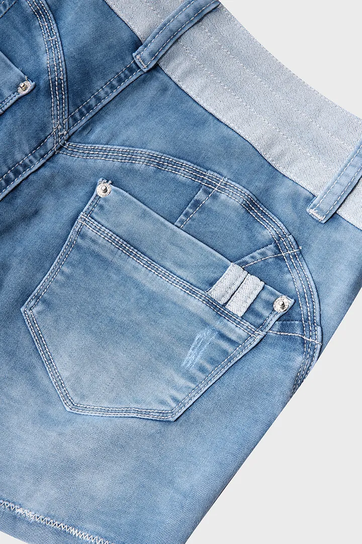 Midiross Drawstring Contrast Binding Ripped High Waist Denim Skort