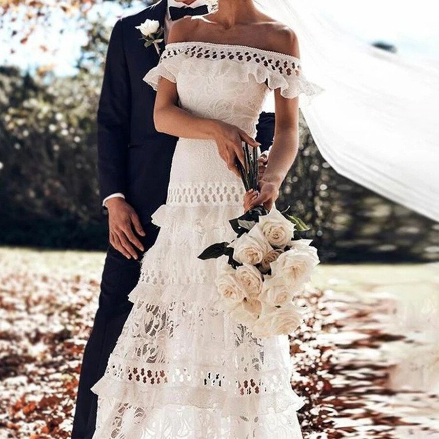 Off Shoulder Short Sleeve Bohemian Wedding Dress