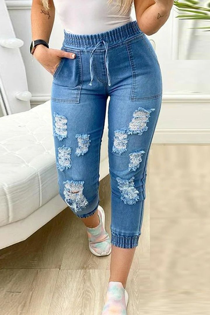 Midiross Ripped Drawstring Elastic Waist Pocket Detail Capris Jeans